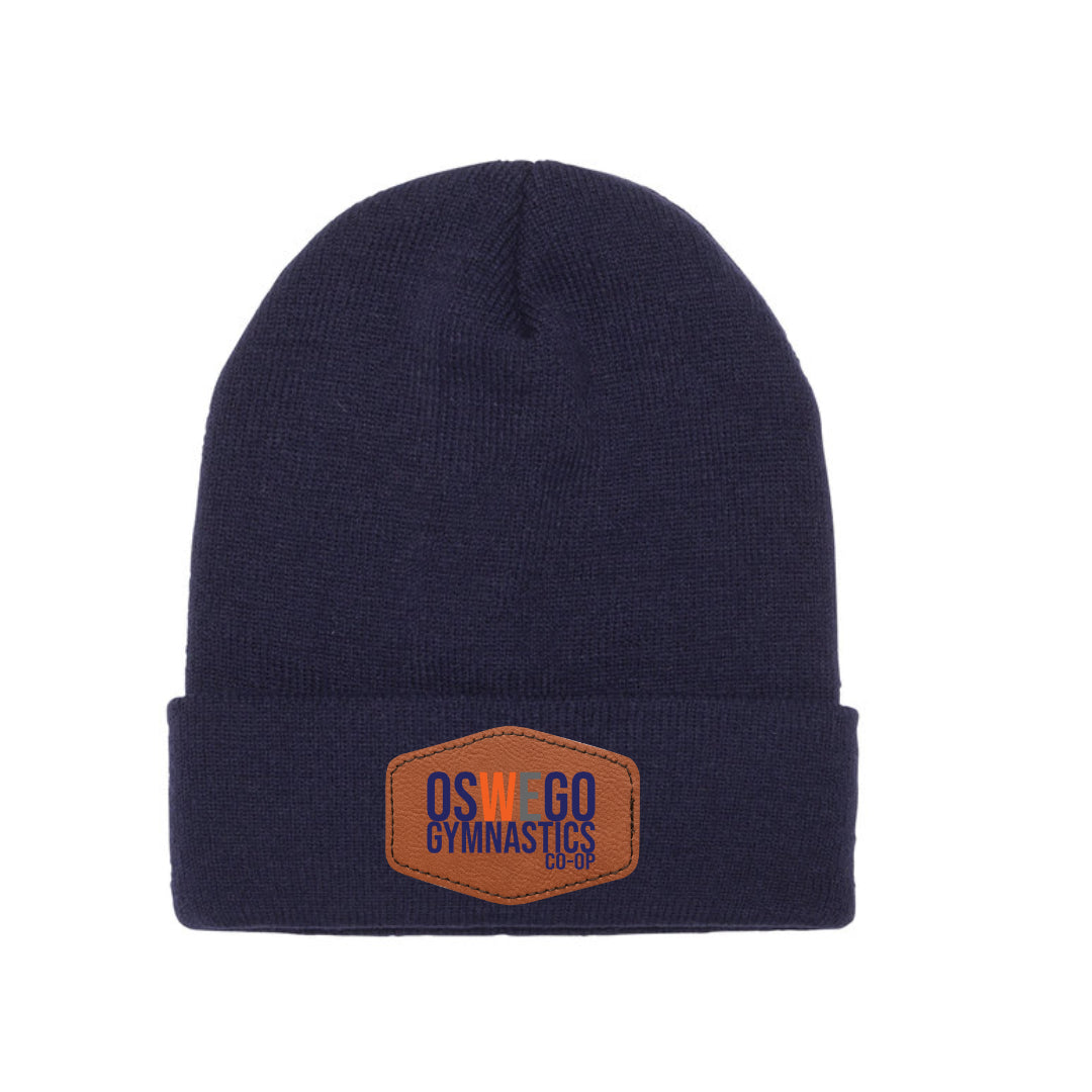 Adult Cuffed Knit Beanie, Leatherette patch with logo