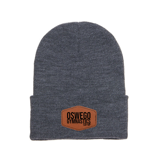 Adult Cuffed Knit Beanie, Leatherette patch with logo